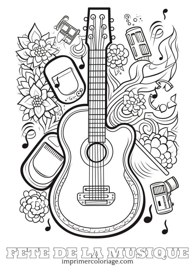 Coloriage Guitariste fête de la musique | Imprimer un dessin à colorier